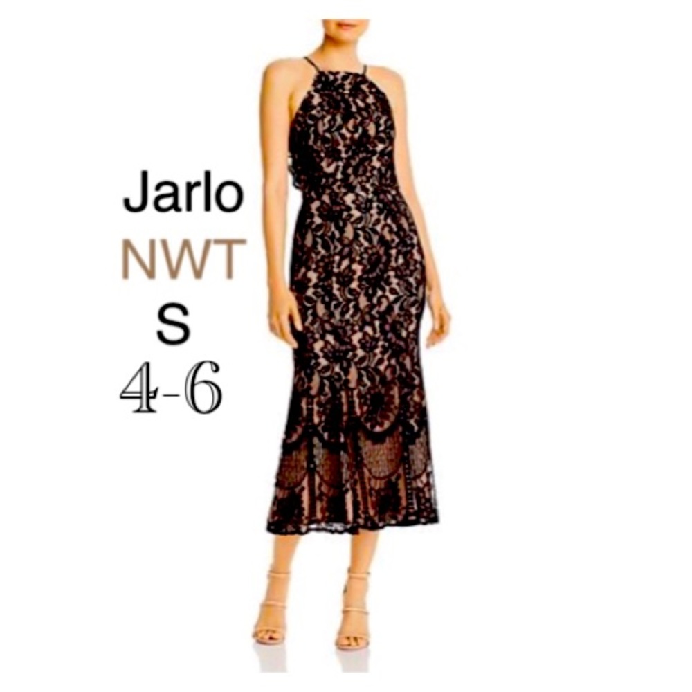 NWT JARLO all over lace cut out black peach-tan keyhole open back maxi dress